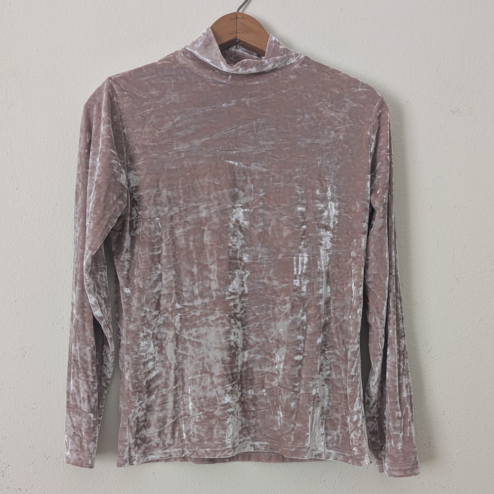 Crushed Velvet Long Sleeve Mock-Neck Top, Pale Pink, Size Medium